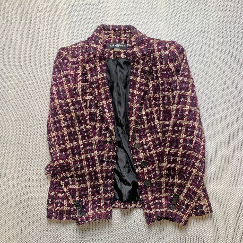 Karl Lagerfeld Ashland Aubergine Tweed Blazer Jacket Size 10